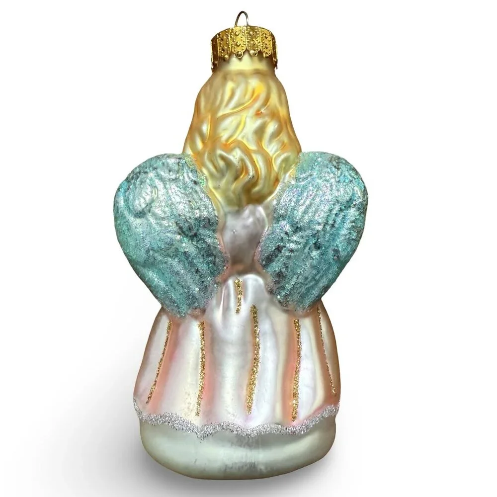 Vintage UT Angel‎ Christmas Ornament Y2K Glass Pink Robe Glitter Hand Painted